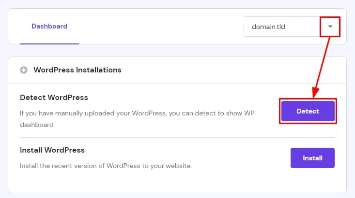 hPanel WordPress 安装界面,突出显示所选域名对应的 Detect 按钮
