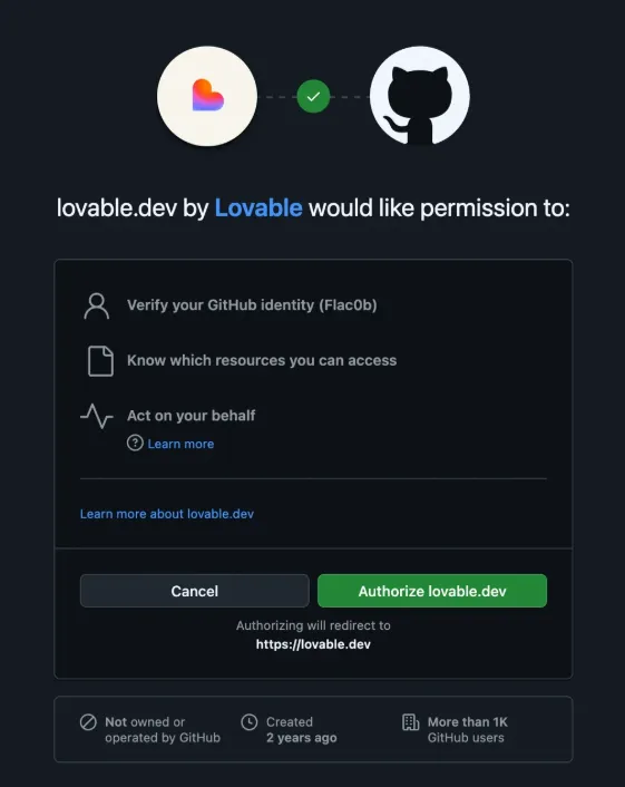 lovable.dev 的 GitHub OAuth 权限界面，绿色的 Authorize 按钮被高亮显示