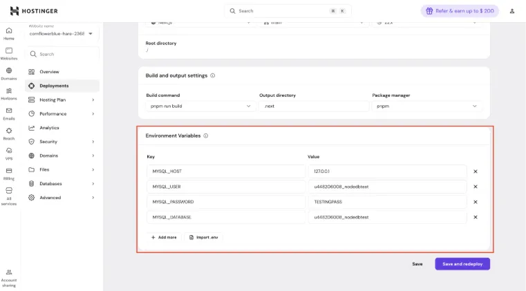 Hostinger 部署设置中的环境变量部分已高亮显示,包括 MySQL_HOST 和 MySQL_PASSWORD 字段
