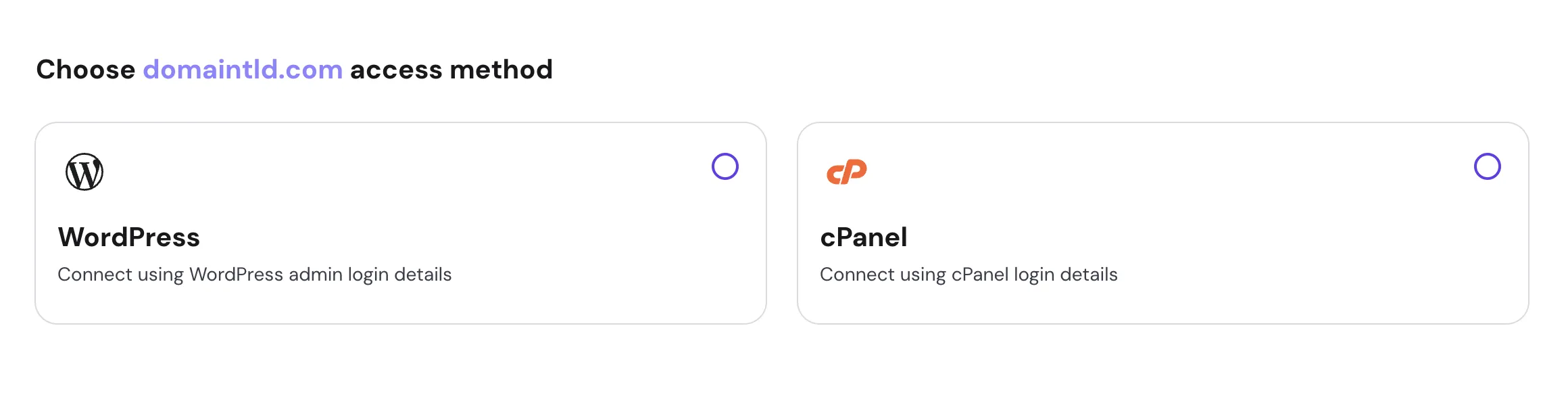域名访问方式选择界面，包含 WordPress 和 cPanel 选项