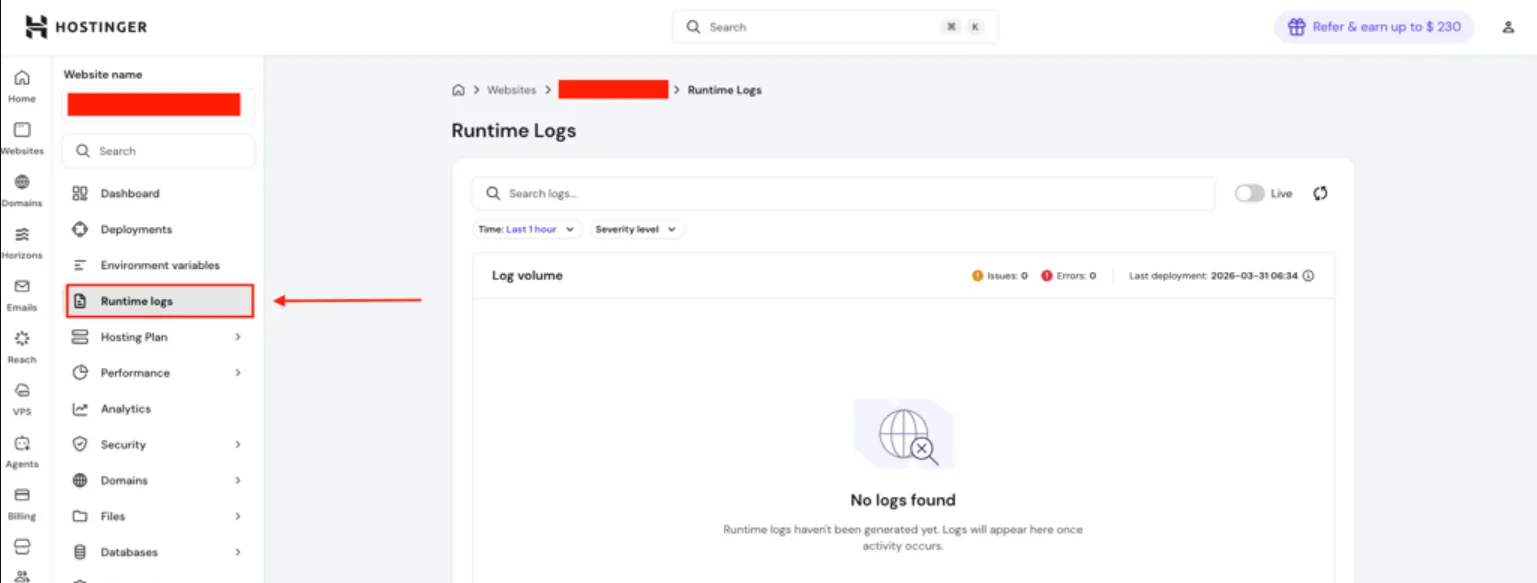 Hostinger 网站控制面板，已选择 Runtime logs 菜单项，未找到任何日志