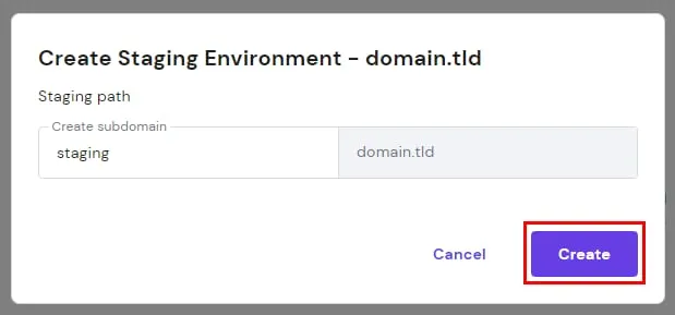 Hostinger WordPress Staging 对话框,其中 Create 按钮被突出显示