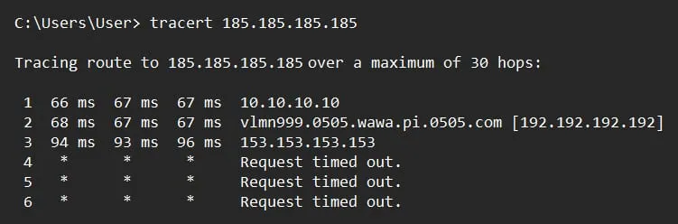 Traceroute 命令输出，显示跳数及多个请求超时