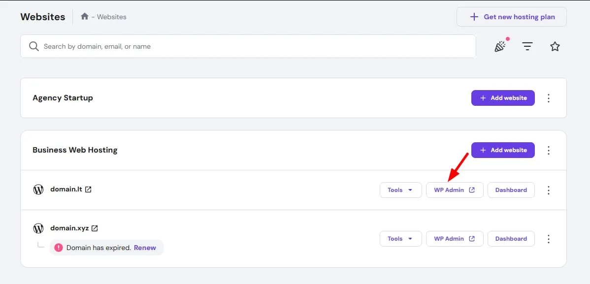 Hostinger 网站控制面板，域名站点的 WP Admin 按钮已高亮显示