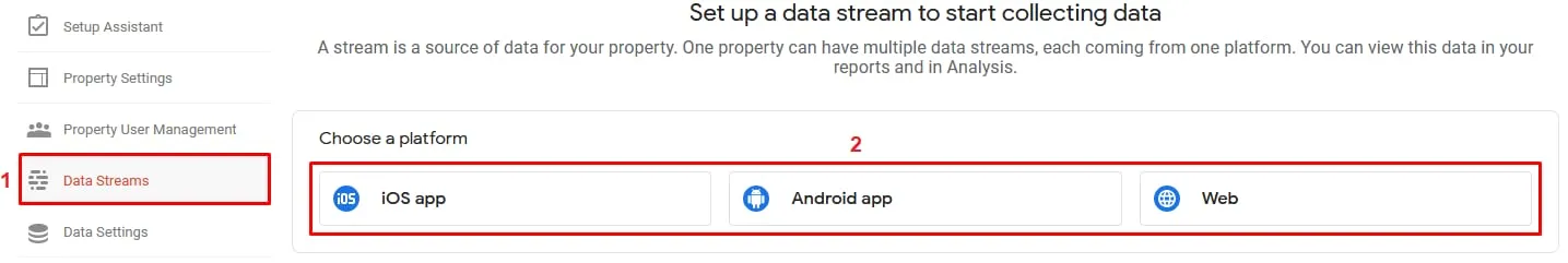 Google Analytics Data Streams 菜单，突出显示 iOS 应用、Android 应用和 Web 平台选项