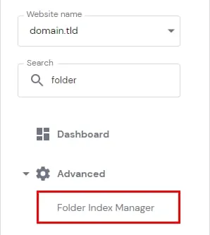 Hostinger hPanel 侧边栏中 Advanced 下的 Folder Index Manager 已高亮显示