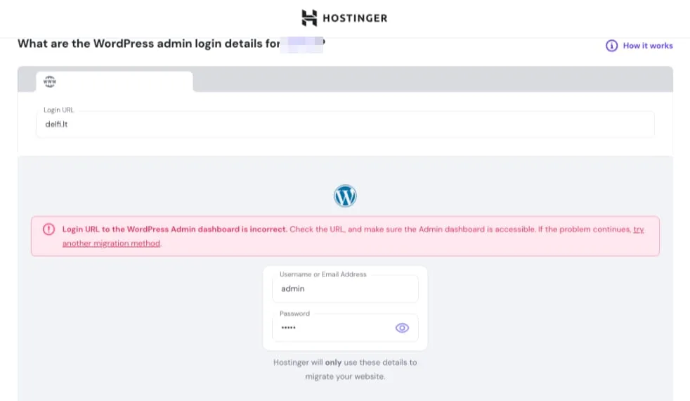 Hostinger 迁移请求错误：WordPress 管理登录 URL 不正确，粉色警告框高亮显示