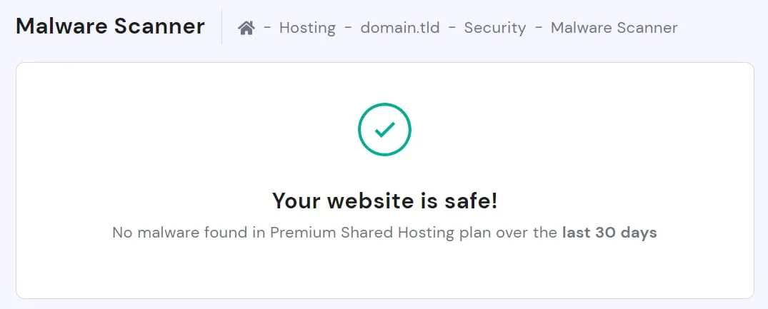 Hostinger Malware Scanner shows website safe, no malware found in last 30 days