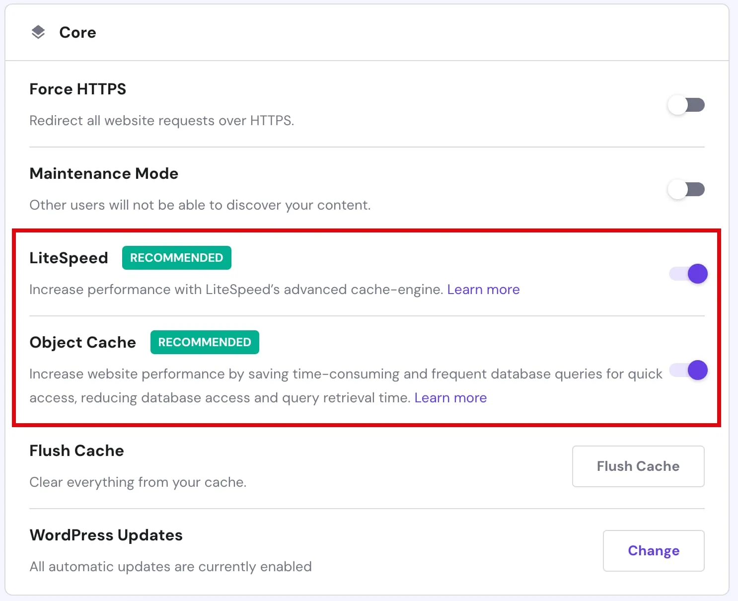 Hostinger WordPress 设置中 Core 部分对象缓存开关已突出显示并启用