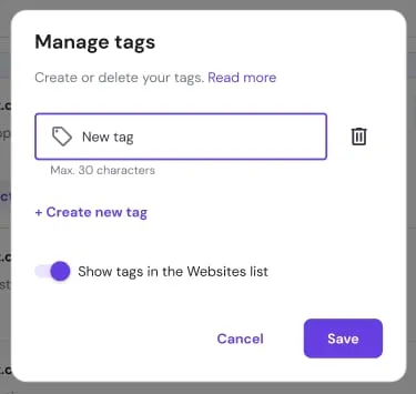 Hostinger hPanel 标签管理对话框,New tag(新标签)字段已高亮显示,用于创建自定义网站标签