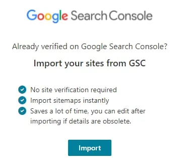 Google Search Console 导入界面，导入按钮已高亮显示