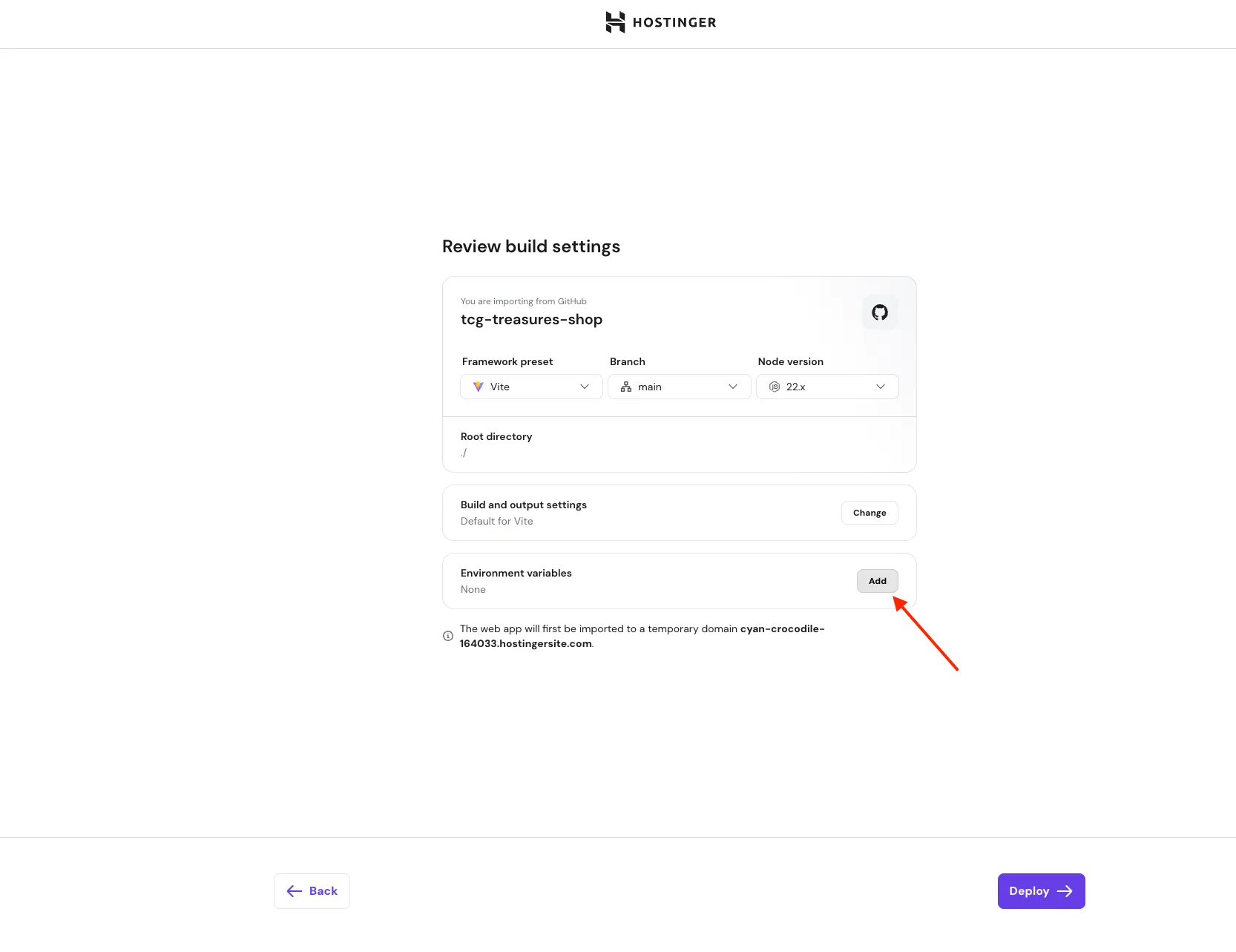 Hostinger 部署设置，突出显示 Add environment variables 按钮