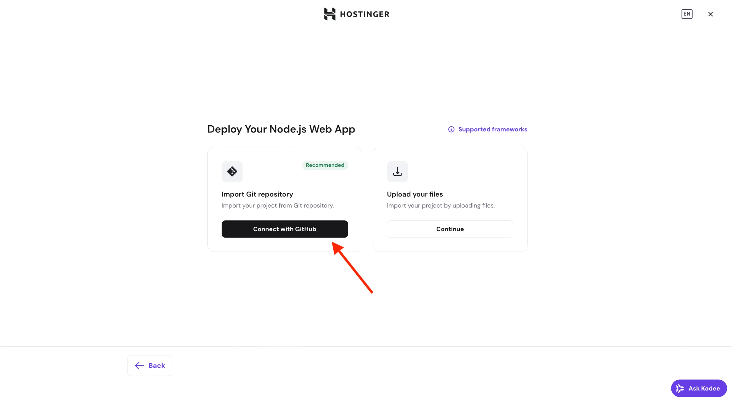 Hostinger Node.js 应用部署界面，Connect with GitHub 已高亮显示