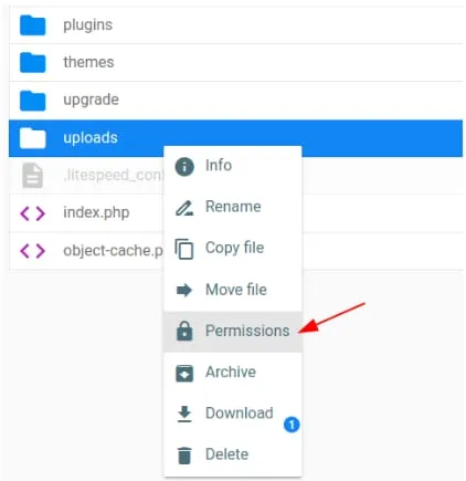 Hostinger file manager context menu with Permissions option highlighted