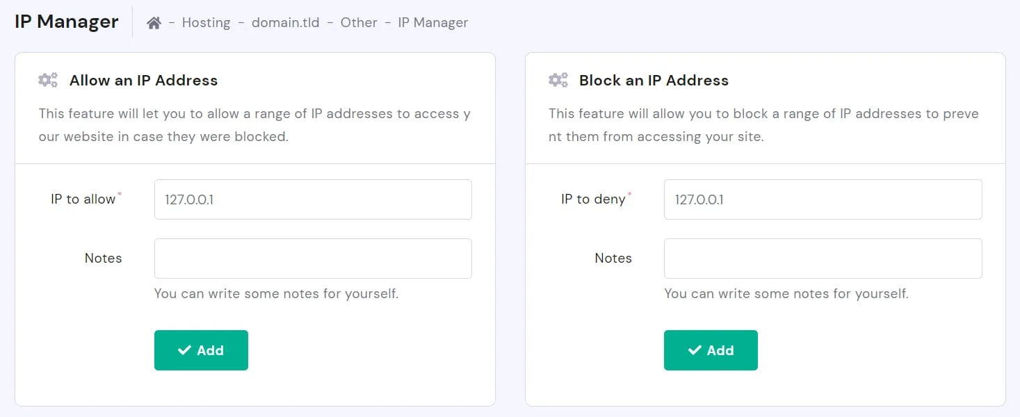 Hostinger IP 管理器的允许与屏蔽 IP 表单，包含允许 IP 和拒绝 IP 字段