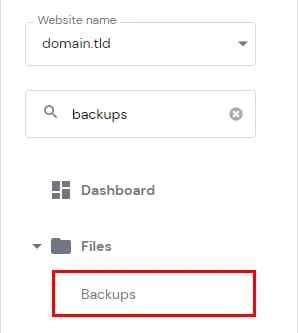 Hostinger hPanel sidebar with the Backups menu item highlighted under Files