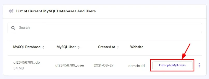 Hostinger MySQL 数据库行,“Enter phpMyAdmin” 按钮已高亮显示