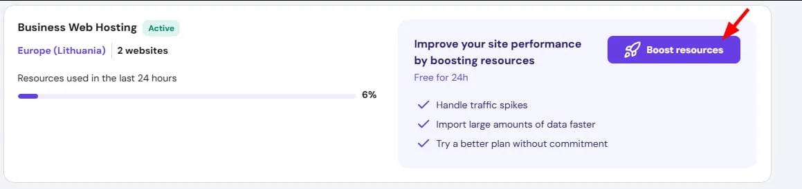Business Web Hosting 控制面板,Boost resources 按钮已高亮显示