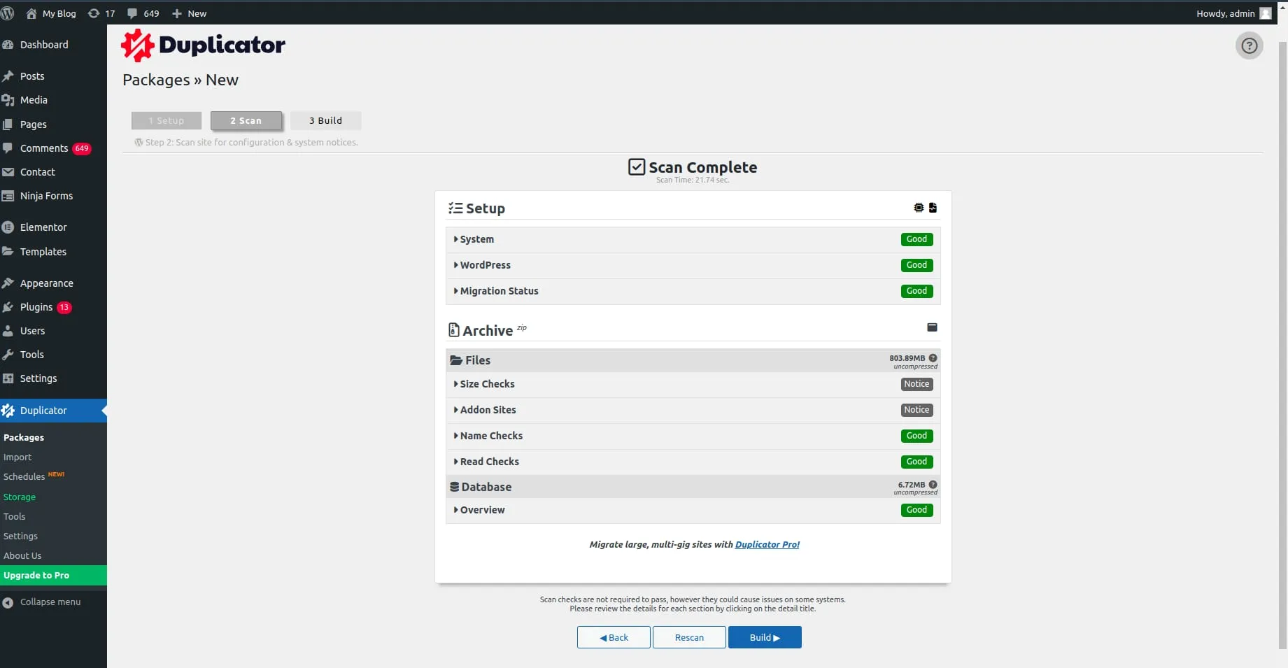 WordPress 软件包设置页面上 Duplicator 扫描完成,突出显示 Build 按钮