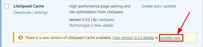 LiteSpeed Cache 插件更新提示,其中“立即更新”链接已高亮显示