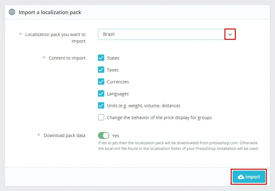 PrestaShop 本地化包导入界面,巴西下拉选项和 Import 按钮已高亮显示