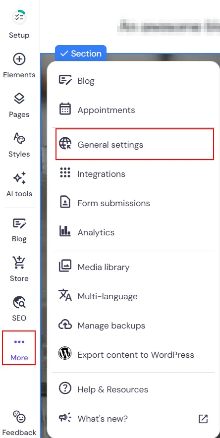 Website Builder More menu open with General settings highlighted