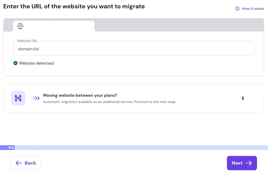 Hostinger 迁移表单,用于输入网站网址并在方案之间迁移
