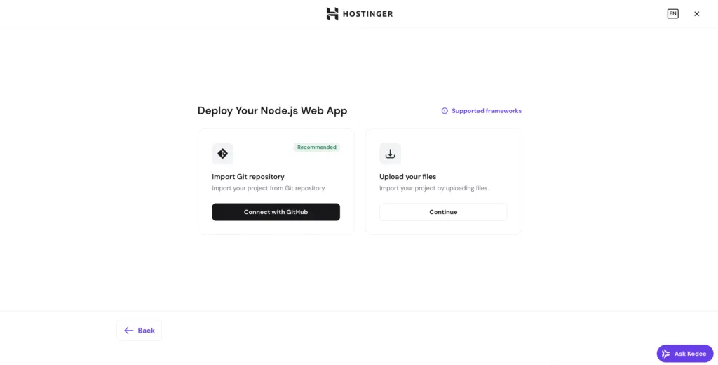 部署 Node.js Web 应用,可选择导入 Git 仓库或上传文件