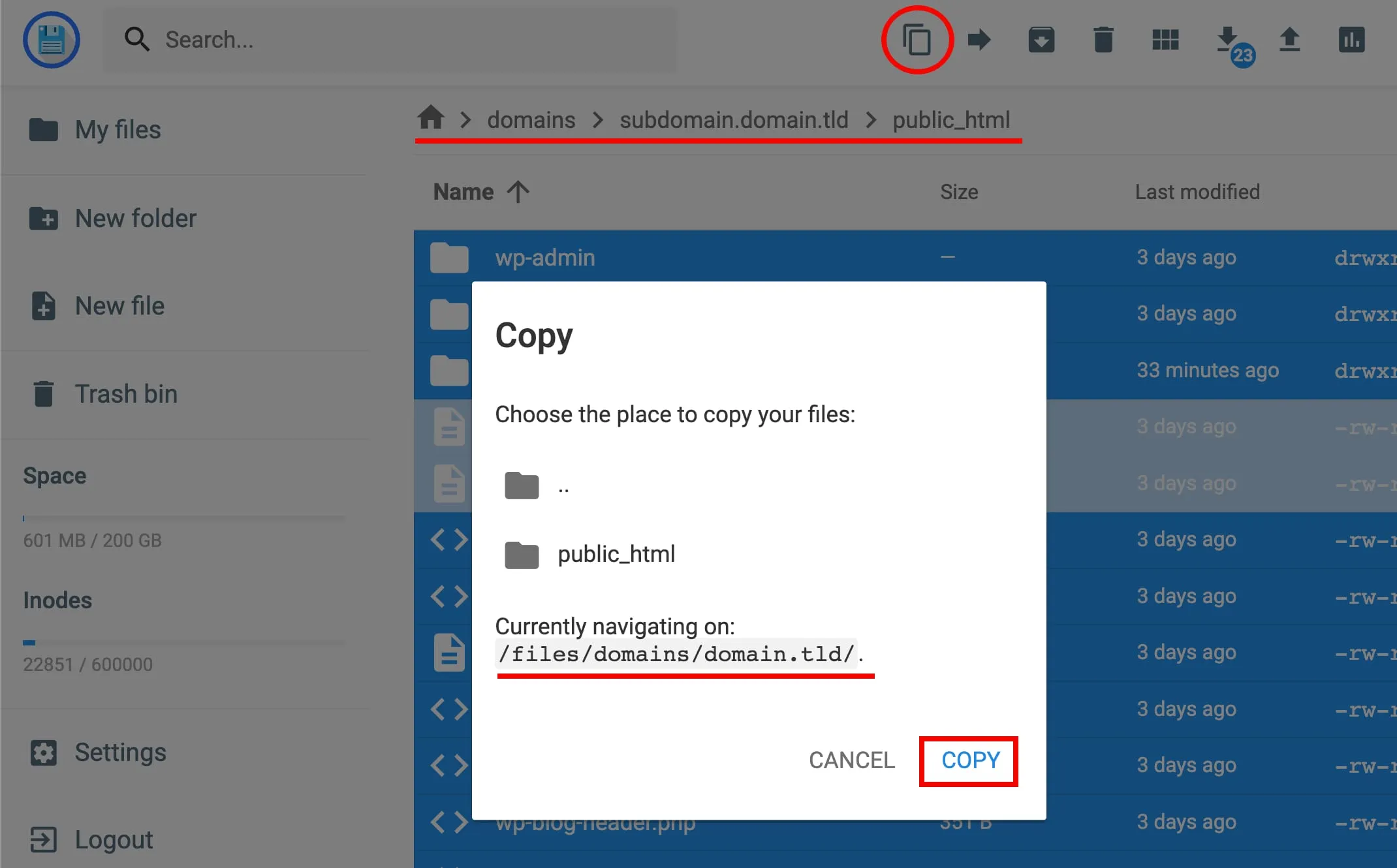 Hostinger 文件管理器复制对话框，已选中 public_html 并高亮显示 Copy 按钮