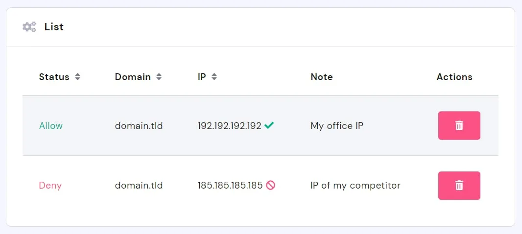 Hostinger IP 允许和拒绝列表，显示某个域名已批准和已屏蔽的地址