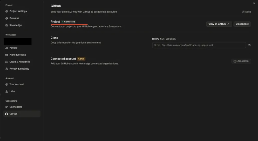 GitHub 连接器设置，显示项目已连接状态和克隆仓库字段