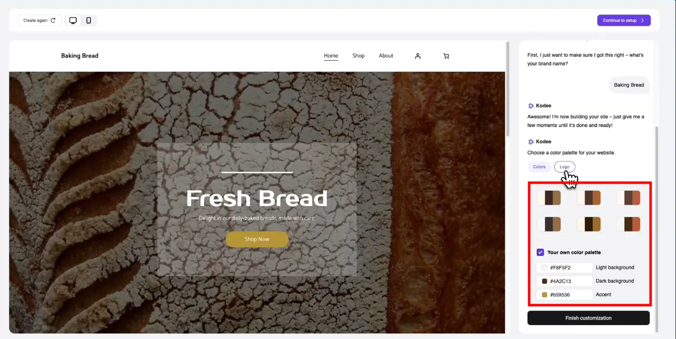 Baking Bread 网站设置,在自定义面板中显示已选配色方案选项