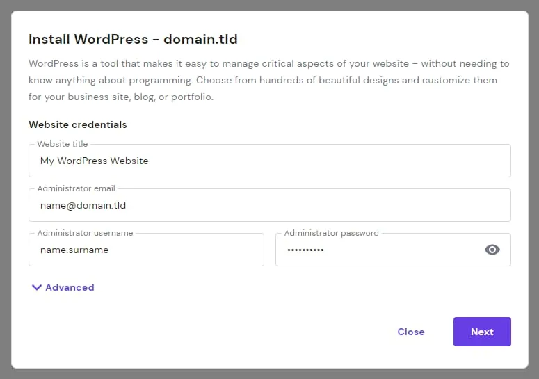Hostinger WordPress 安装对话框,包含网站凭据字段和 Next 按钮