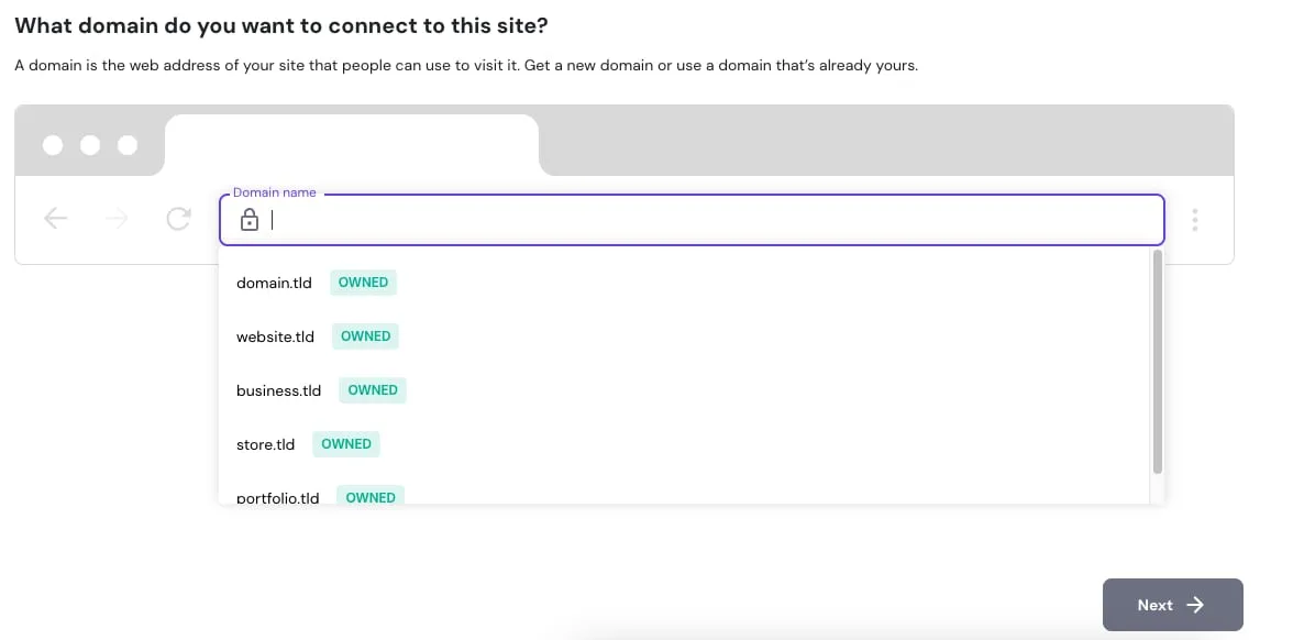 Hostinger 网站设置页面，域名输入框和已拥有域名的下拉列表已高亮显示