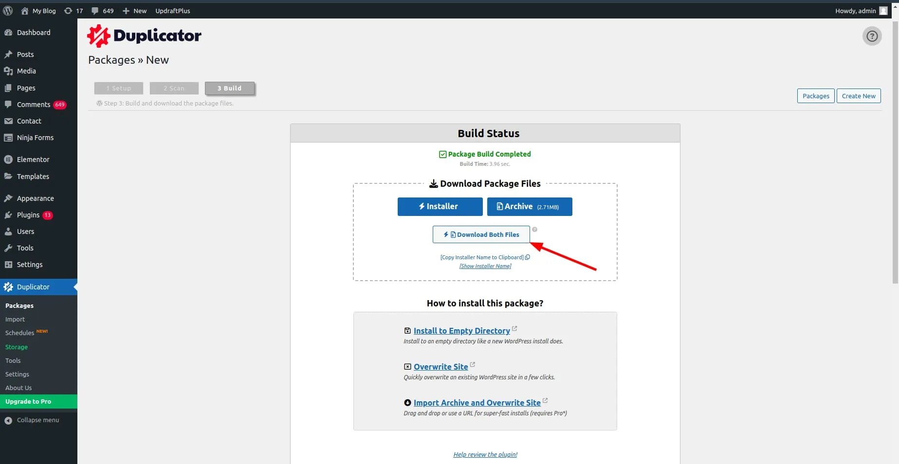 突出显示 Download Both Files 按钮的 WordPress Duplicator 软件包构建界面
