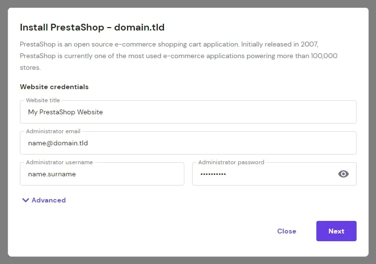 PrestaShop 安装表单，包含网站标题、管理员邮箱、用户名和密码字段，以及 Next 按钮