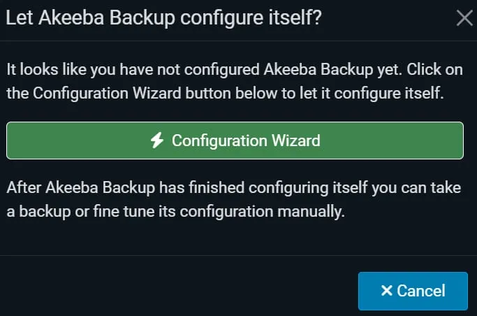 Akeeba Backup 设置弹窗,高亮显示配置向导按钮