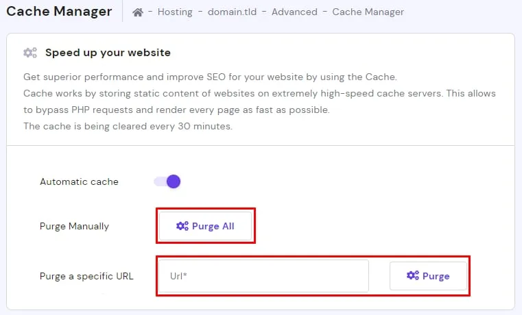 Hostinger Cache Manager,Purge All 和 Purge URL 按钮已高亮显示
