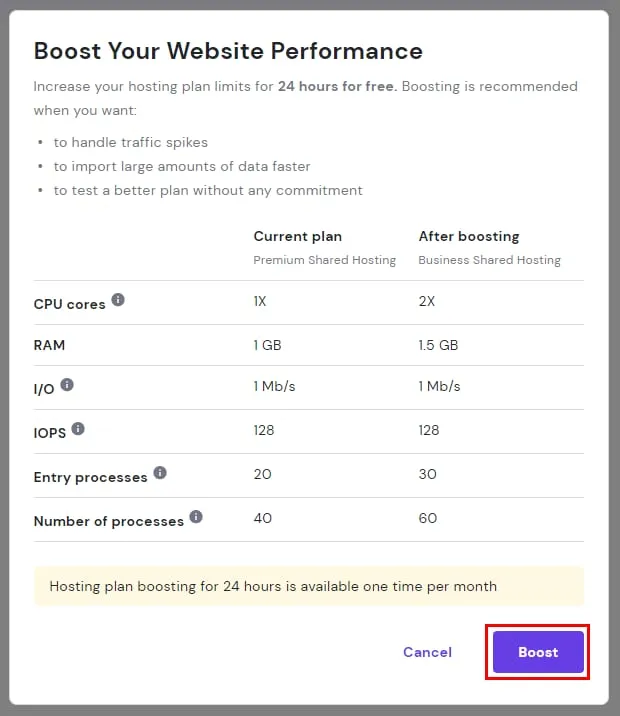 Hostinger 主机方案提升对话框中的 Boost 按钮