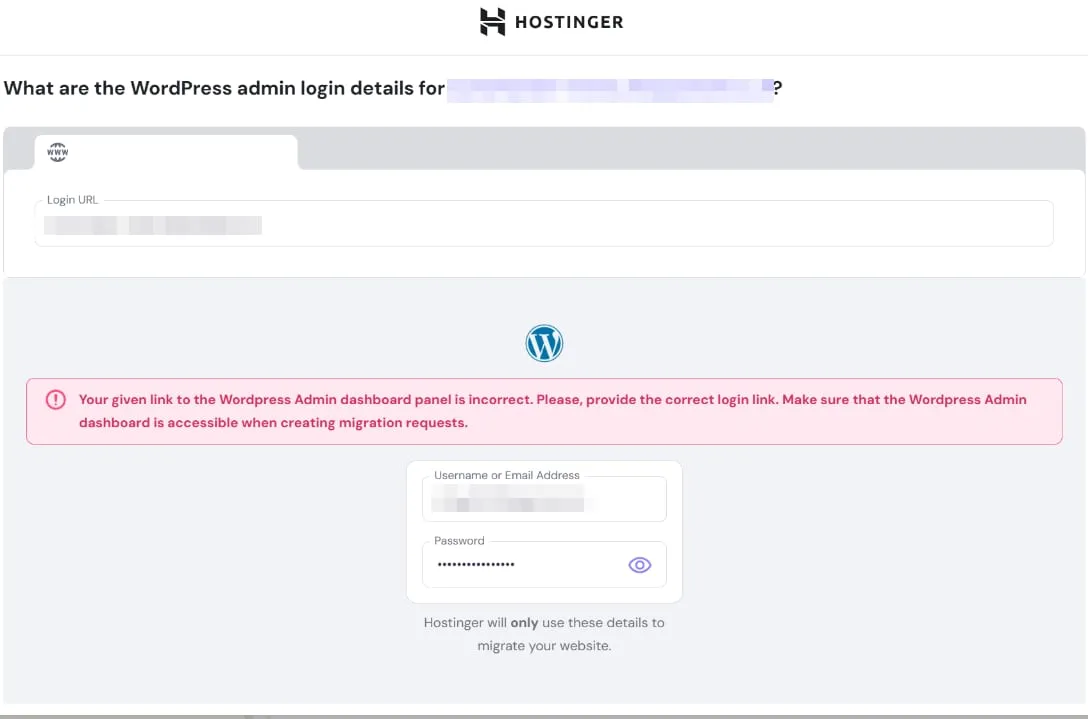 Hostinger WordPress 迁移表单显示管理登录 URL 错误