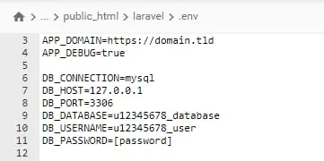public_html/laravel 中的 .env 文件,显示 APP_DOMAIN、数据库设置和数据库凭据