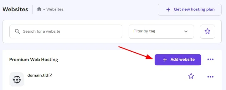 hPanel 网站页面上的“添加网站”按钮。