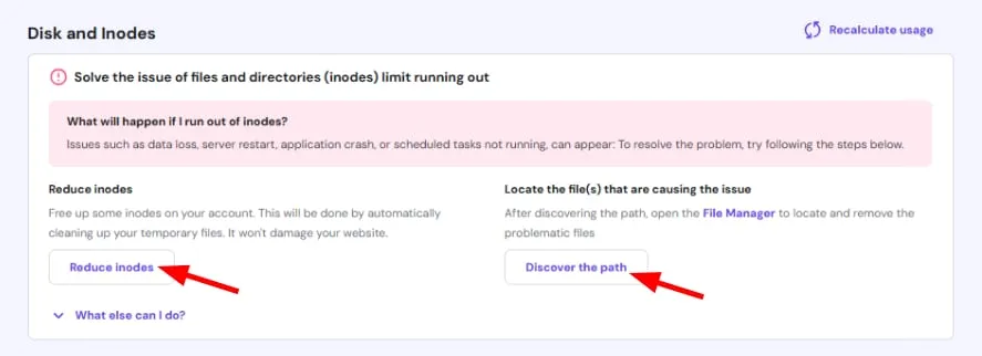 Hostinger hPanel 磁盘和 inode 警告，Reduce inodes 和 Discover the path 按钮已高亮显示