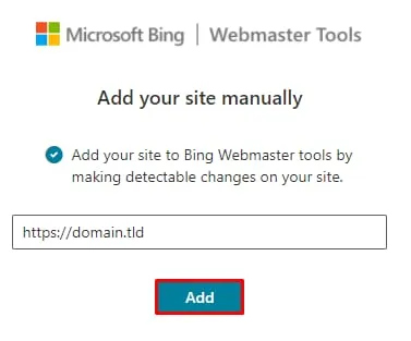 Bing Webmaster Tools 页面，网站 URL 输入框下方显示 Add 按钮