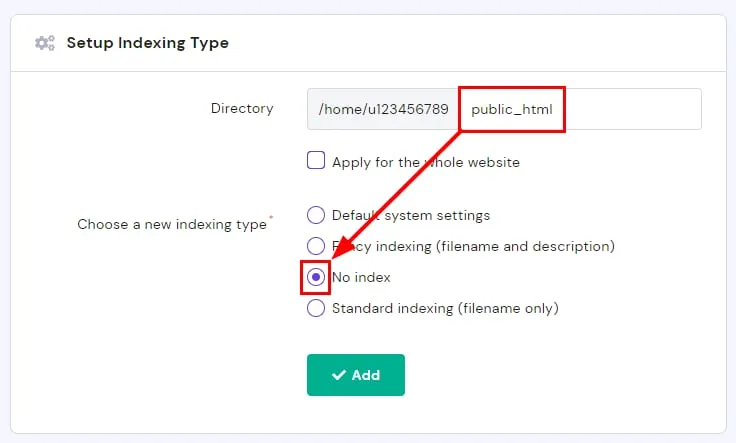 Hostinger 设置索引类型对话框，已填入 public_html 文件夹并选择 No index