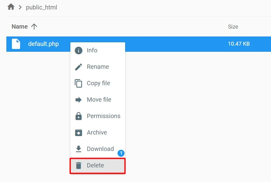 public_html 中的文件管理器，已选中 default.php 并突出显示 Delete 选项