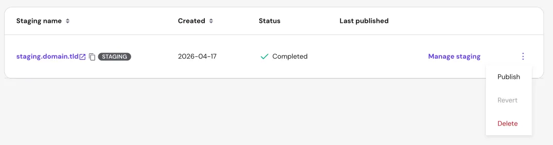 Hostinger WordPress Staging 选项菜单,包含 Publish、Revert 和 Delete 操作