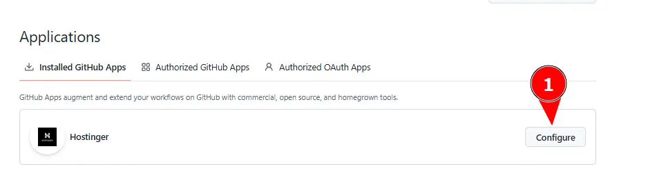 GitHub Apps 设置页面,Hostinger 应用和 Configure 按钮已高亮显示