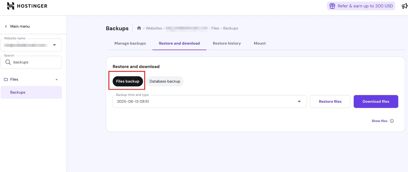 Hostinger backups page with the Files backup tab highlighted for restore and download