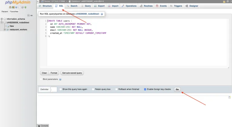 phpMyAdmin SQL 编辑器,右下角的 Go 按钮已高亮显示